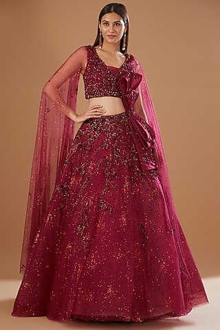 Red Shimmer Tulle Embroidered Lehenga Set by Dolly J