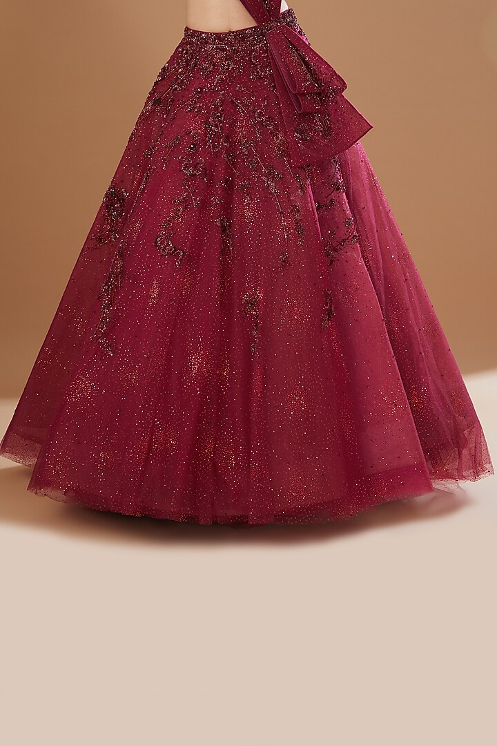 Red Shimmer Tulle Embroidered Bridal Lehenga Set by Dolly J at Pernia's Pop Up Shop