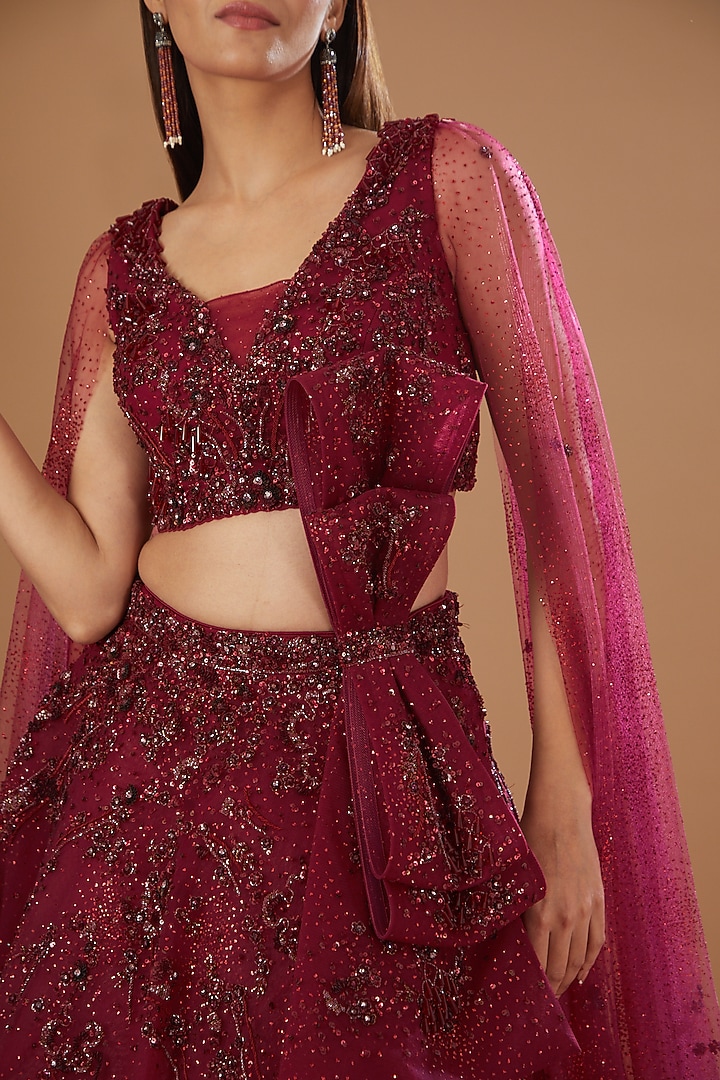 Red Shimmer Tulle Embroidered Bridal Lehenga Set by Dolly J at Pernia's Pop Up Shop