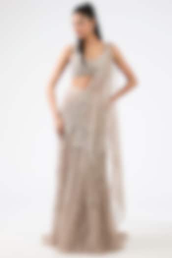 Greyish Silver Shimmer Tulle Sequins & Pearls Embroidered Bridal Gown Saree by Dolly J at Pernia's Pop Up Shop