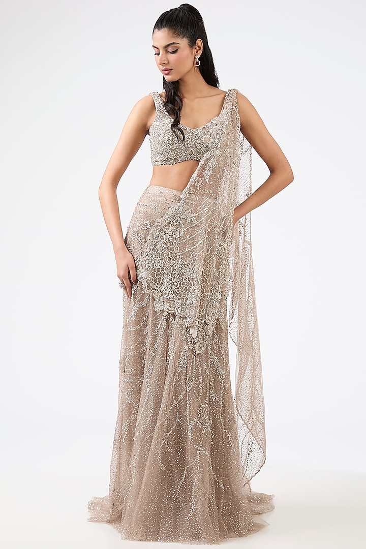 Greyish Silver Shimmer Tulle Sequins & Pearls Embroidered Bridal Gown Saree by Dolly J at Pernia's Pop Up Shop
