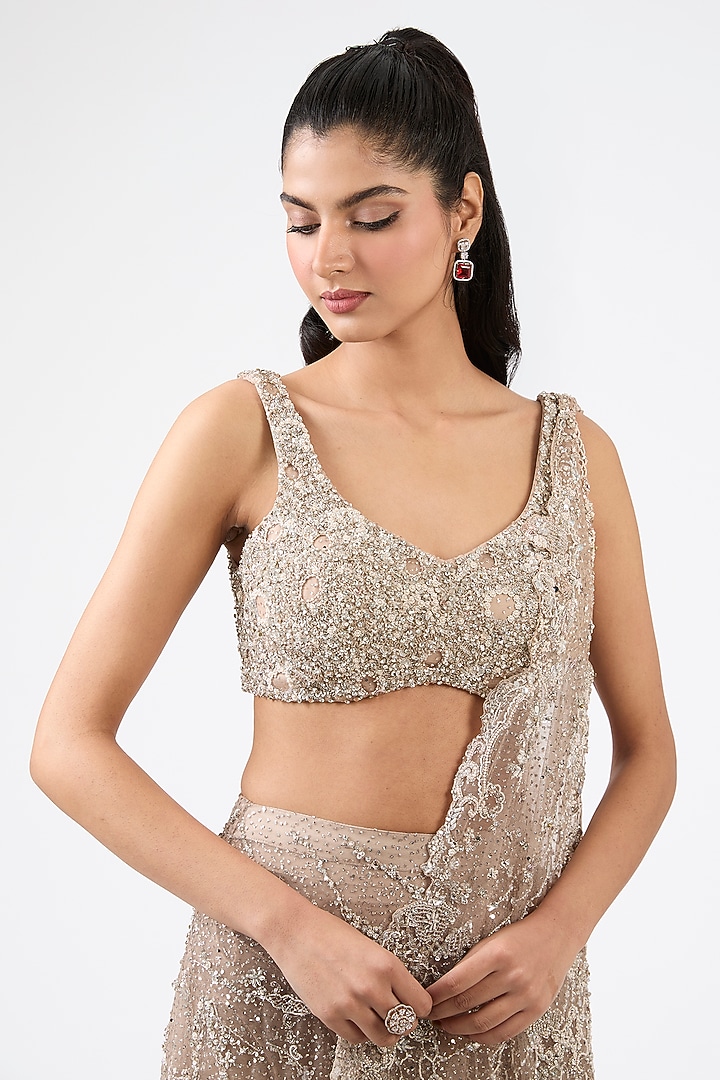 Greyish Silver Shimmer Tulle Sequins & Pearls Embroidered Bridal Gown Saree by Dolly J at Pernia's Pop Up Shop