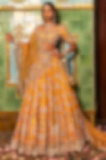 Mustard Raw Silk Thread & Pearl Work Bridal Lehenga Set by Dolly J at Pernia's Pop Up Shop