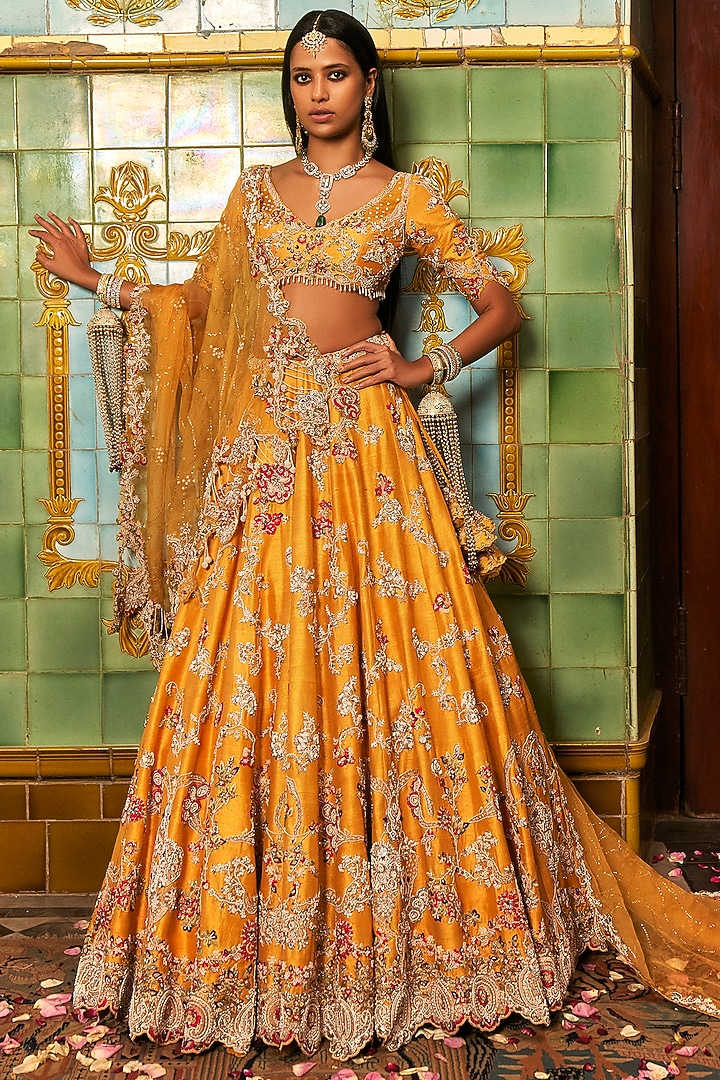 Mustard Raw Silk Thread & Pearl Work Bridal Lehenga Set by Dolly J at Pernia's Pop Up Shop
