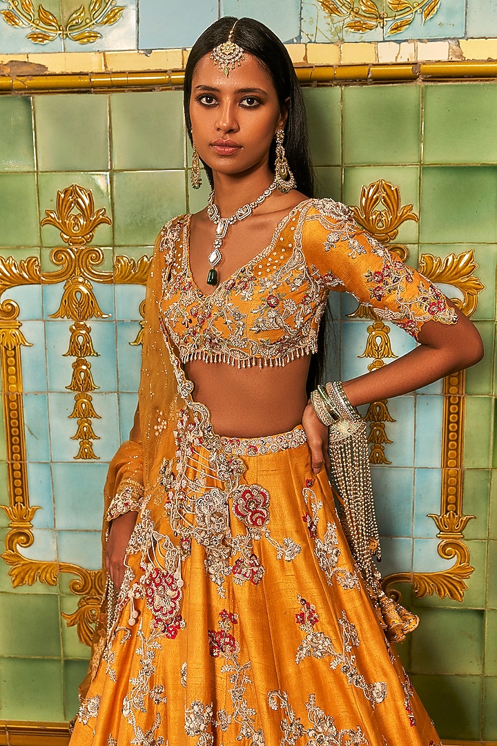 Mustard Raw Silk Thread & Pearl Work Bridal Lehenga Set by Dolly J at Pernia's Pop Up Shop