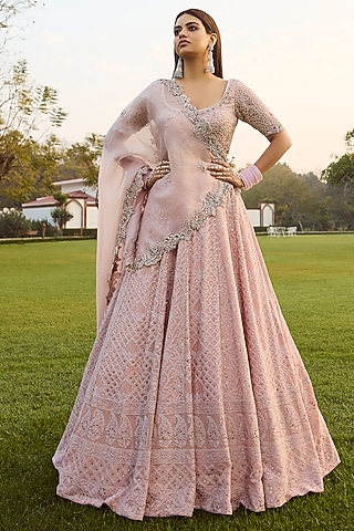 Pink Chiffon Chikankari Lehenga Set by Dolly J