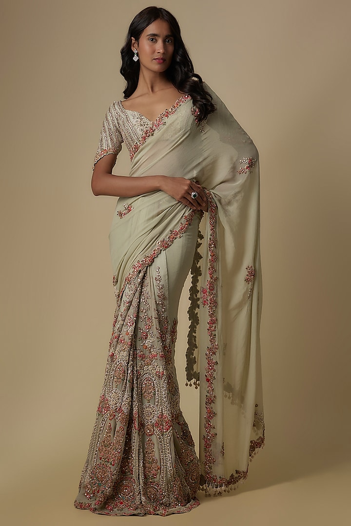 Mint Green Chiffon Thread & Pearl Embroidered Kalidar Saree Set by Dolly J at Pernia's Pop Up Shop