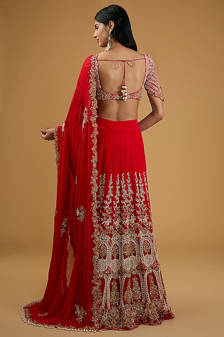 Red Chiffon Thread & Pearl Kalidar Bridal Saree Set by Dolly J at Pernia's Pop Up Shop
