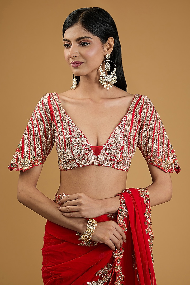 Red Chiffon Thread & Pearl Kalidar Bridal Saree Set by Dolly J at Pernia's Pop Up Shop