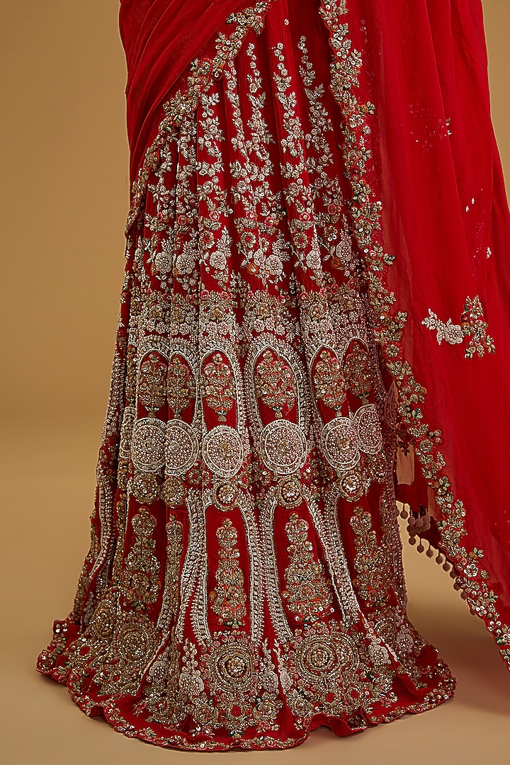 Red Chiffon Thread & Pearl Kalidar Bridal Saree Set by Dolly J at Pernia's Pop Up Shop