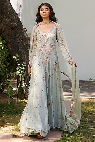 Sage Green Chiffon Pearl & Zardosi Embroidered Kalidar Kurta Set by Dolly J