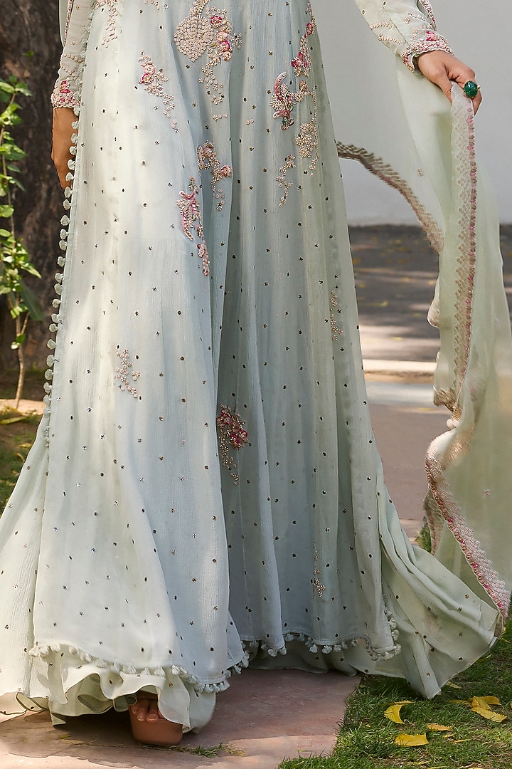 Sage Green Chiffon Pearl & Zardosi Embroidered Kalidar Kurta Set by Dolly J at Pernia's Pop Up Shop