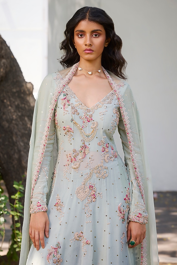 Sage Green Chiffon Pearl & Zardosi Embroidered Kalidar Kurta Set by Dolly J at Pernia's Pop Up Shop
