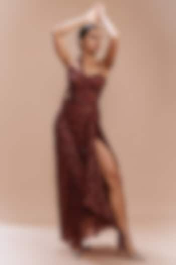 Maroon Chiffon Printed Asymmetric Draped Gown by Dolly J at Pernia's Pop Up Shop