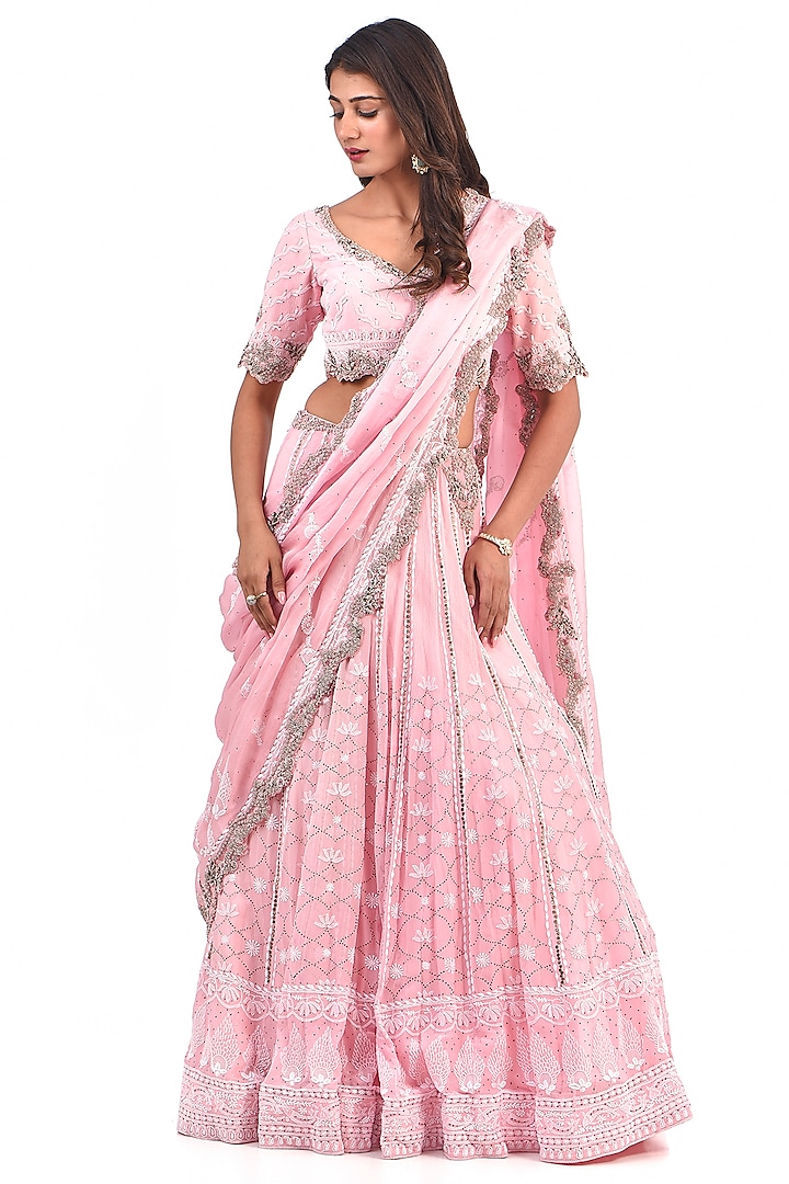 Pink Chiffon Chikankari Bridal Lehenga Set by Dolly J at Pernia's Pop Up Shop