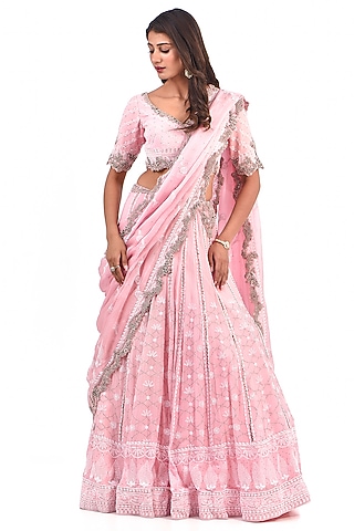 Pink Chiffon Chikankari Lehenga Set by Dolly J