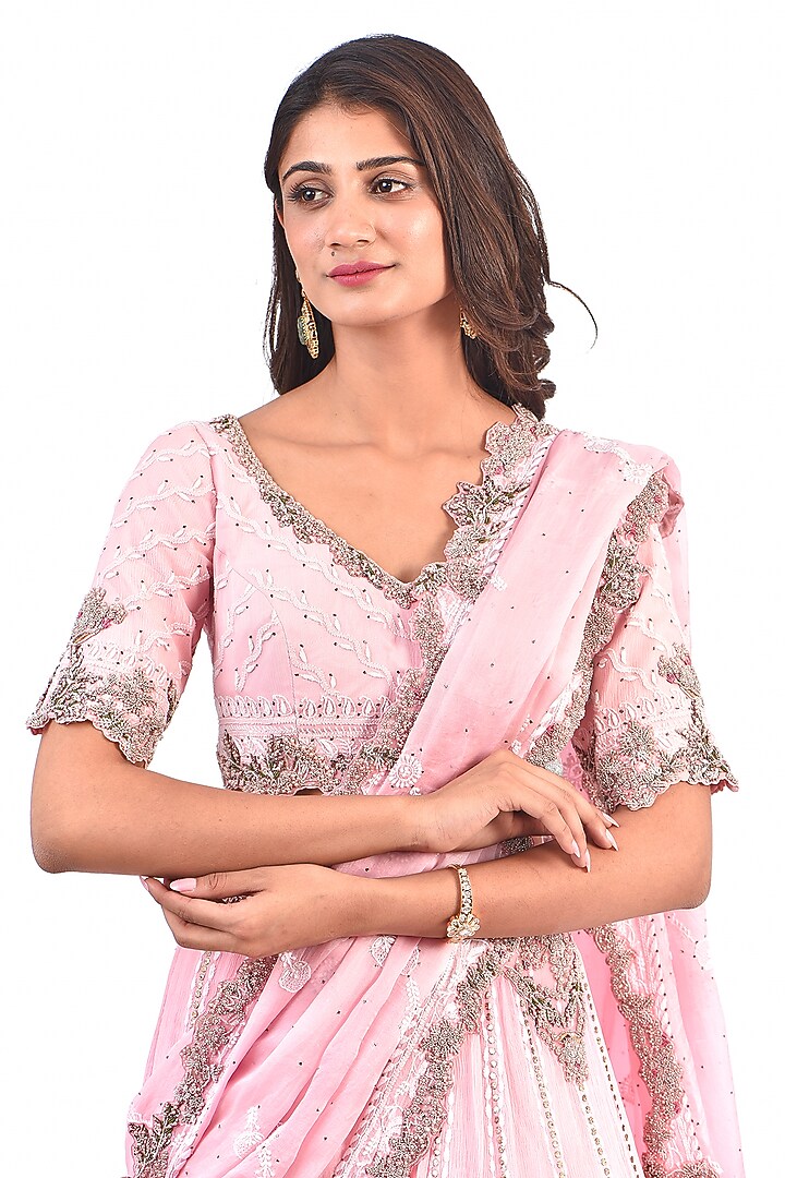 Pink Chiffon Chikankari Bridal Lehenga Set by Dolly J at Pernia's Pop Up Shop