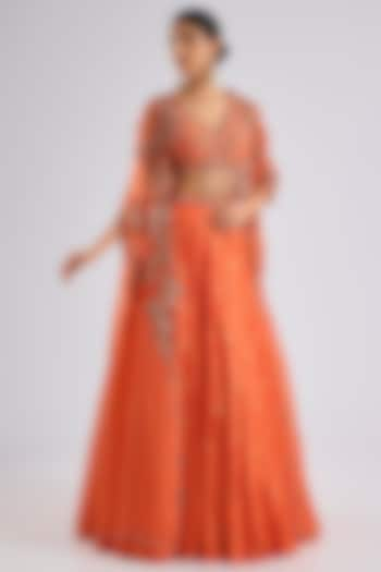 Orange Organza Pearl Embroidered Jacket Wedding Lehenga Set by Dolly J at Pernia's Pop Up Shop