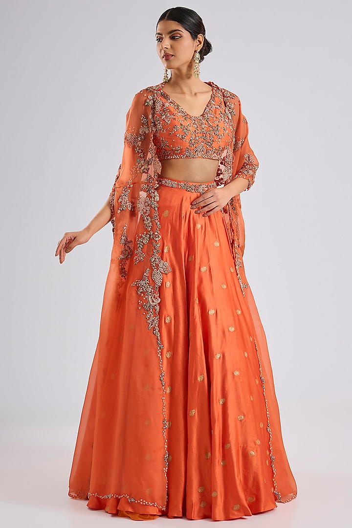 Orange Organza Pearl Embroidered Jacket Wedding Lehenga Set by Dolly J at Pernia's Pop Up Shop