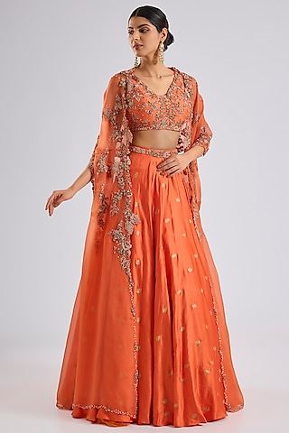 Orange Organza Pearl Embroidered Jacket Lehenga Set by Dolly J