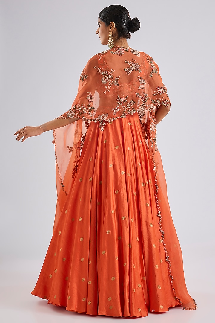 Orange Organza Pearl Embroidered Jacket Bridal Lehenga Set by Dolly J at Pernia's Pop Up Shop