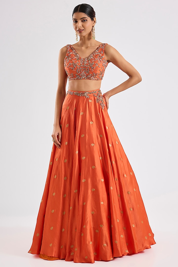 Orange Organza Pearl Embroidered Jacket Bridal Lehenga Set by Dolly J at Pernia's Pop Up Shop