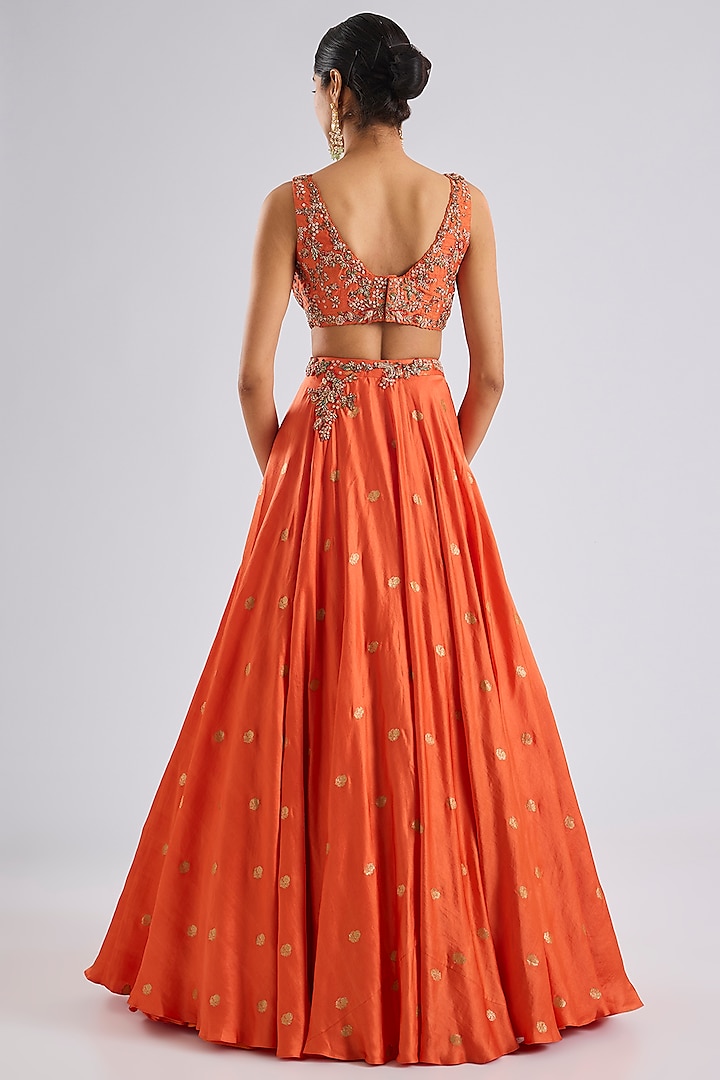 Orange Organza Pearl Embroidered Jacket Bridal Lehenga Set by Dolly J at Pernia's Pop Up Shop