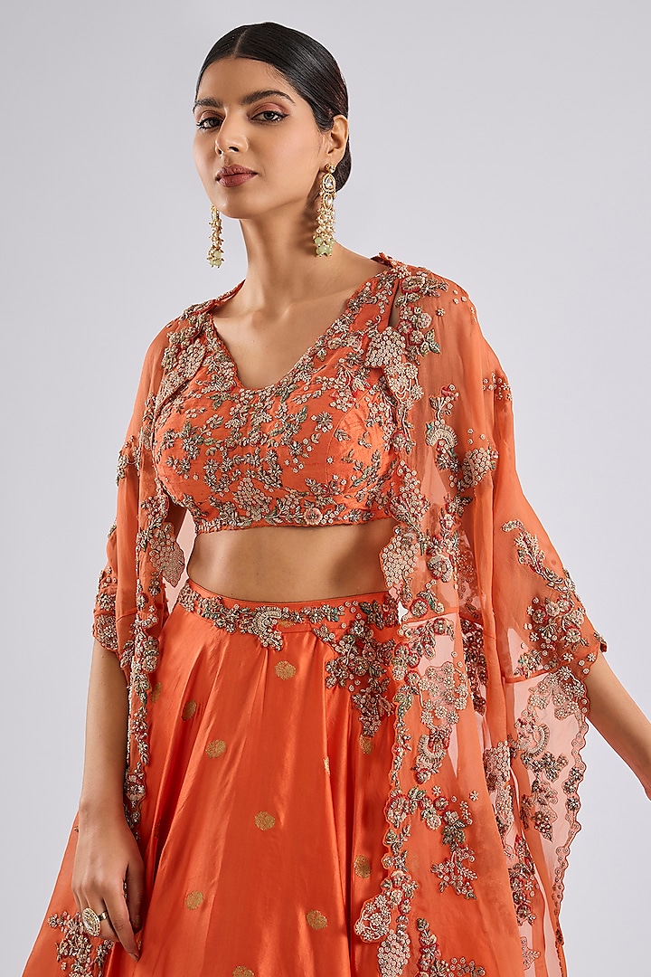 Orange Organza Pearl Embroidered Jacket Bridal Lehenga Set by Dolly J at Pernia's Pop Up Shop