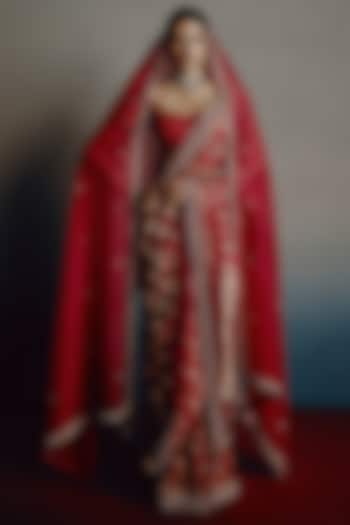 Blood Red Banarasi Silk Zari Motif Bridal Saree Set by Dolly J at Pernia's Pop Up Shop