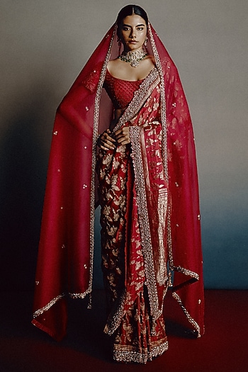 Blood Red Banarasi Silk Zari Motif Bridal Saree Set by Dolly J at Pernia's Pop Up Shop