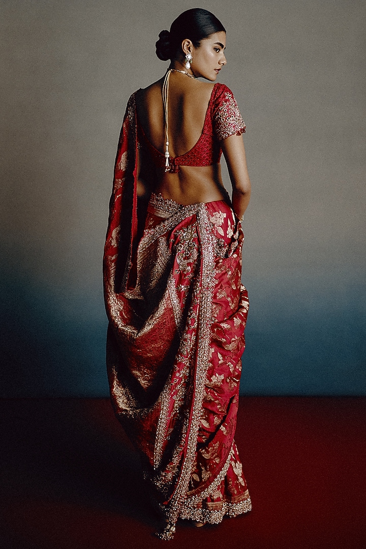 Blood Red Banarasi Silk Zari Motif Bridal Saree Set by Dolly J at Pernia's Pop Up Shop