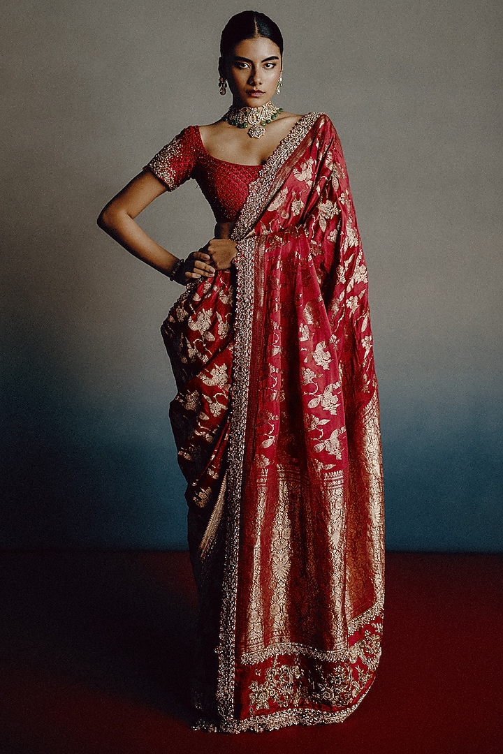 Blood Red Banarasi Silk Zari Motif Bridal Saree Set by Dolly J at Pernia's Pop Up Shop