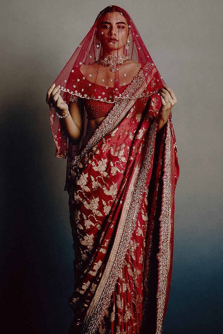 Blood Red Banarasi Silk Zari Motif Bridal Saree Set by Dolly J at Pernia's Pop Up Shop