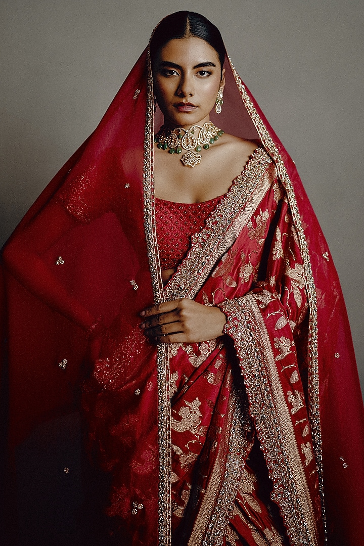 Blood Red Banarasi Silk Zari Motif Bridal Saree Set by Dolly J at Pernia's Pop Up Shop