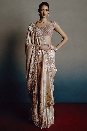 Blush Pink Banarasi Silk Motif Embroidered Bridal Saree Set by Dolly J at Pernia's Pop Up Shop