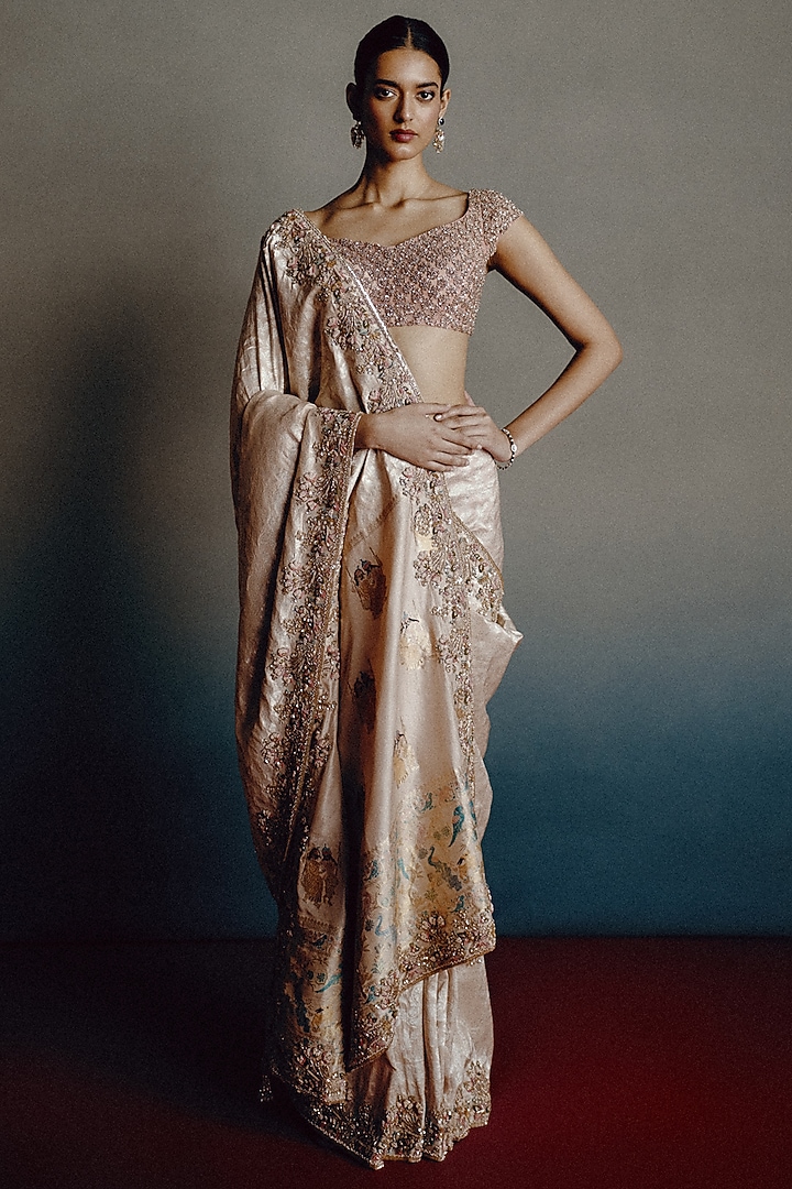 Blush Pink Banarasi Silk Motif Embroidered Bridal Saree Set by Dolly J at Pernia's Pop Up Shop