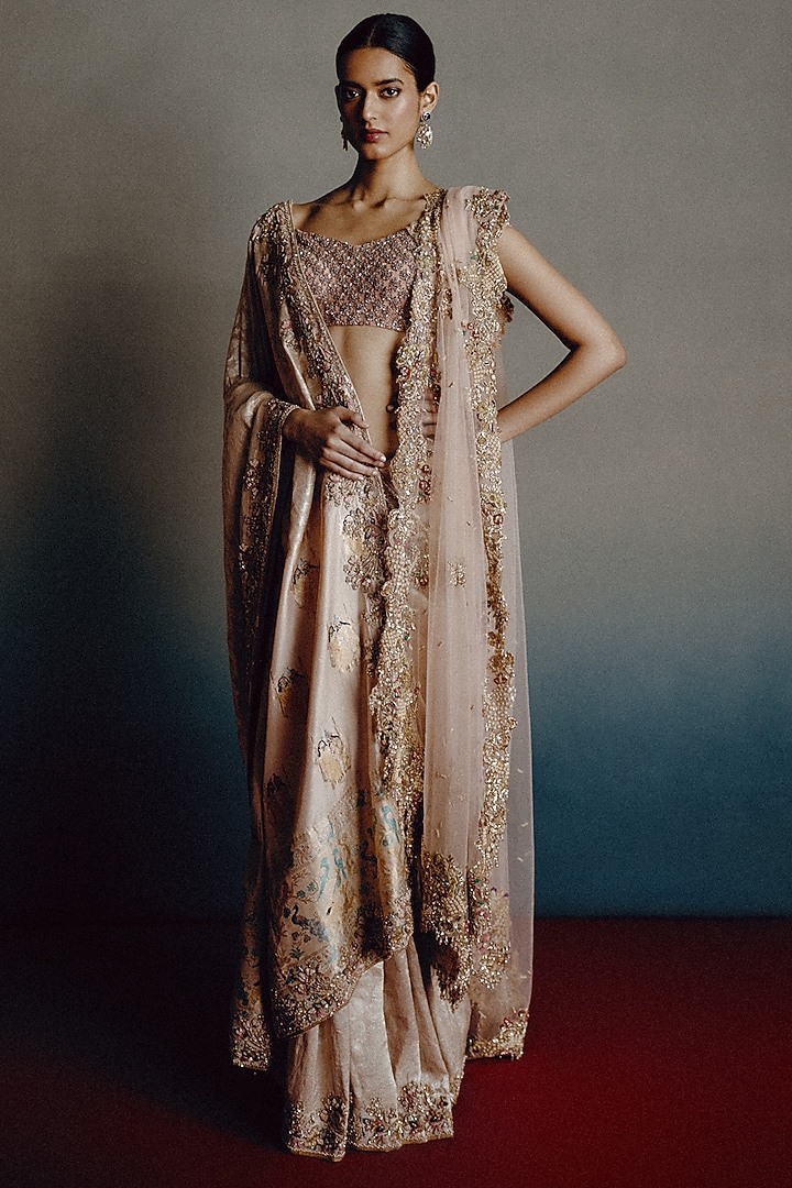 Blush Pink Banarasi Silk Motif Embroidered Bridal Saree Set by Dolly J at Pernia's Pop Up Shop