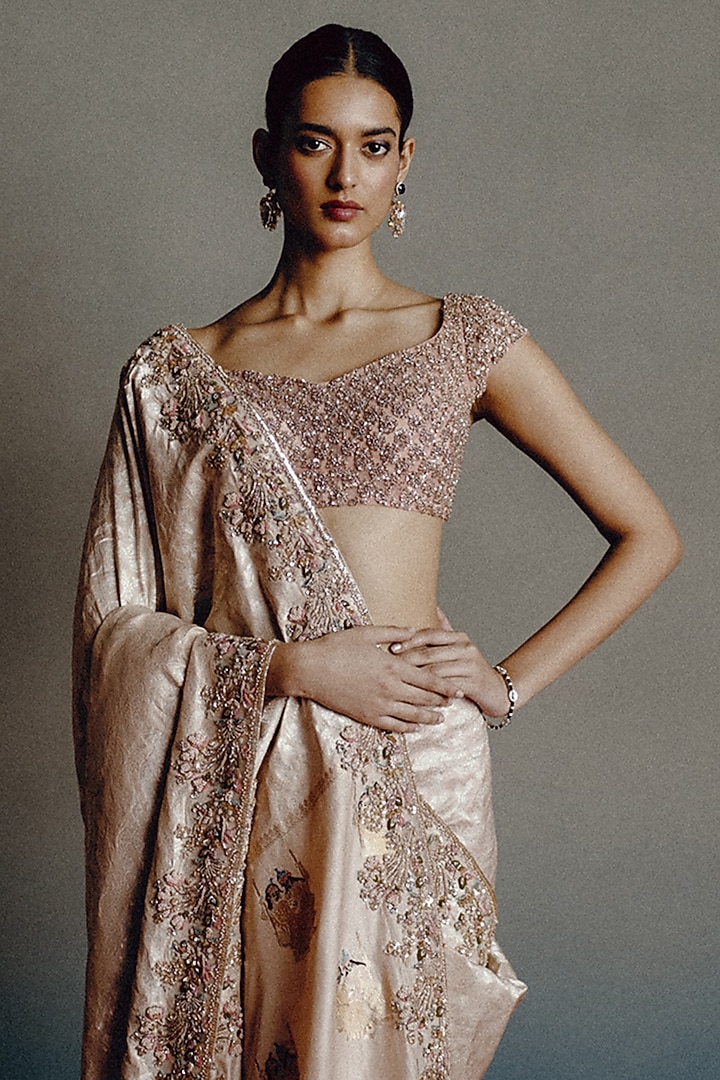 Blush Pink Banarasi Silk Motif Embroidered Bridal Saree Set by Dolly J at Pernia's Pop Up Shop