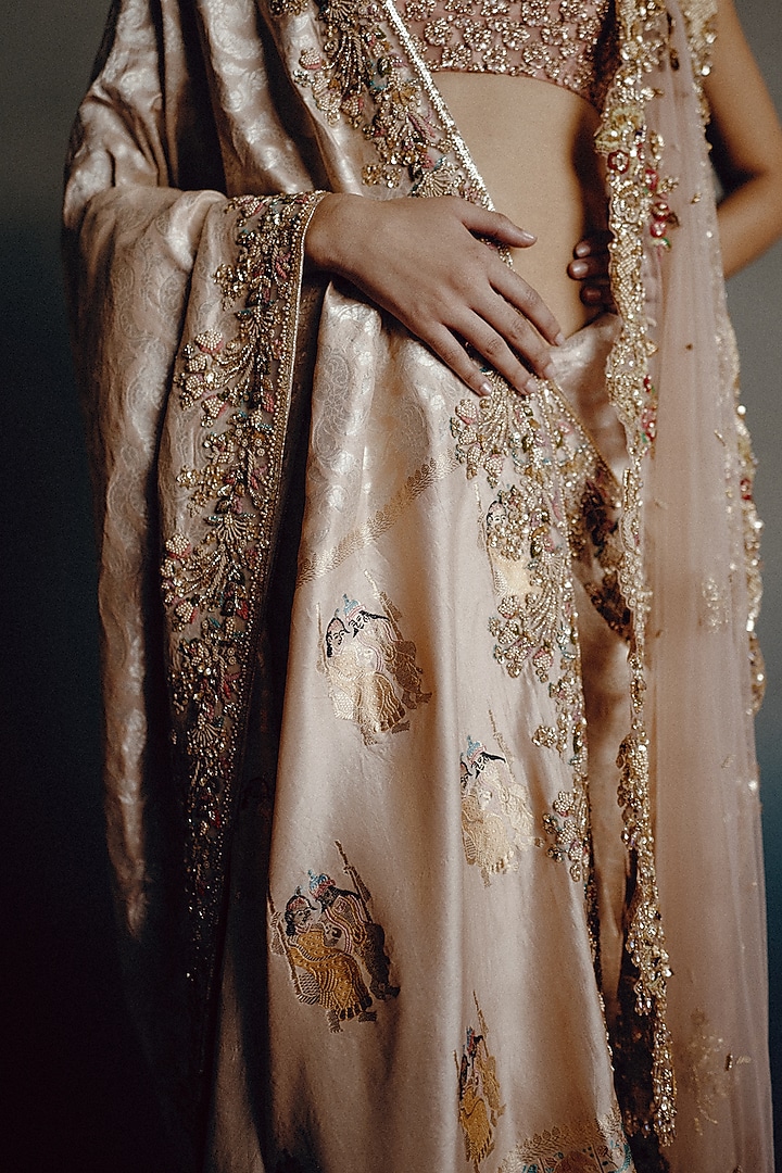 Blush Pink Banarasi Silk Motif Embroidered Bridal Saree Set by Dolly J at Pernia's Pop Up Shop