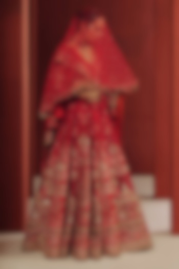 Deep Red Raw Silk Motifs Embroidered Bridal Bridal Lehenga Set by Dolly J at Pernia's Pop Up Shop