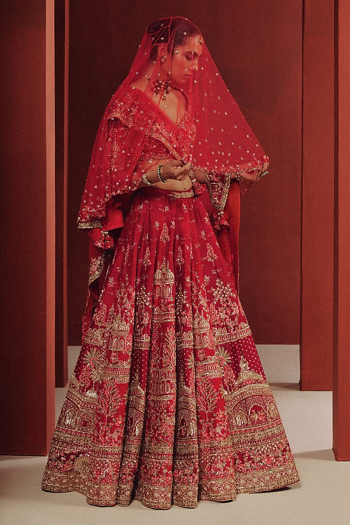 Deep Red Raw Silk Motifs Embroidered Bridal Bridal Lehenga Set by Dolly J at Pernia's Pop Up Shop