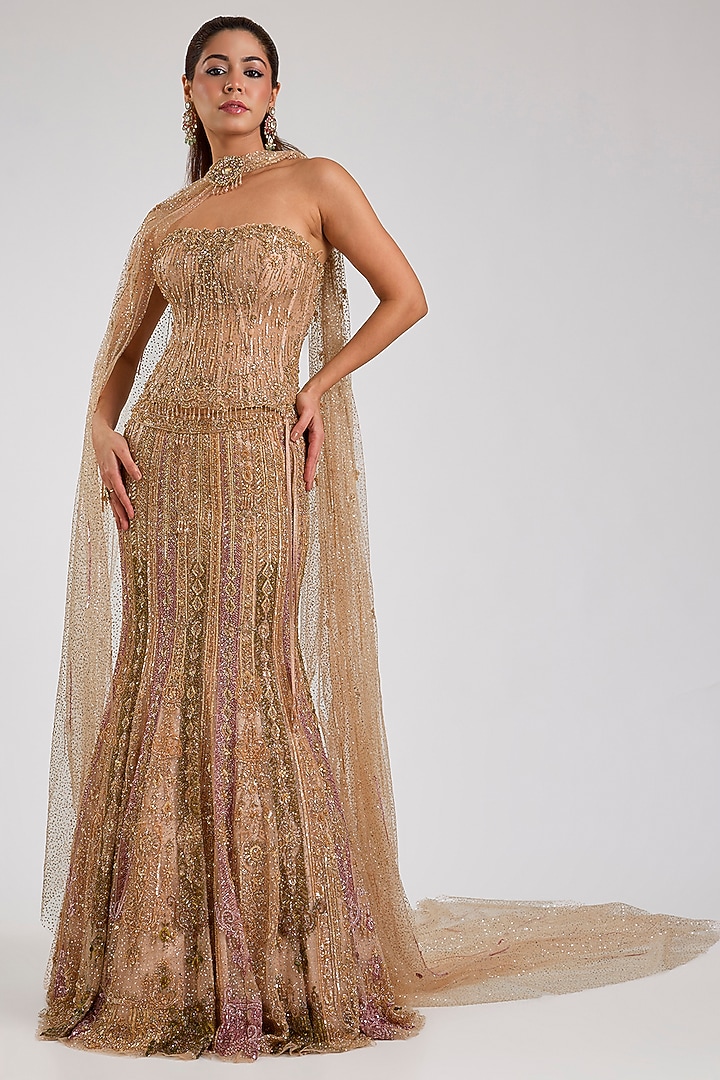 Golden Pure Butterfly Net Bridal Lehenga Set by Dolly J at Pernia's Pop Up Shop