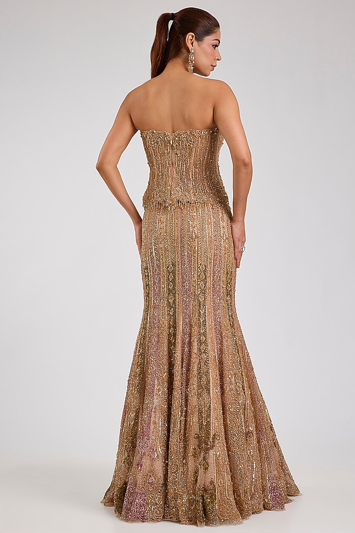 Golden Tulle Zardosi Embroidered Cocktail Bridal Lehenga Set by Dolly J at Pernia's Pop Up Shop