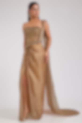 Golden Pure Butterfly Net Draped Reception Saree Set by Dolly J at Pernia's Pop Up Shop