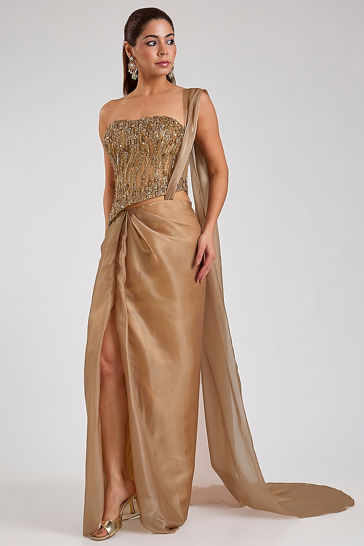 Golden Pure Butterfly Net Draped Reception Saree Set by Dolly J at Pernia's Pop Up Shop