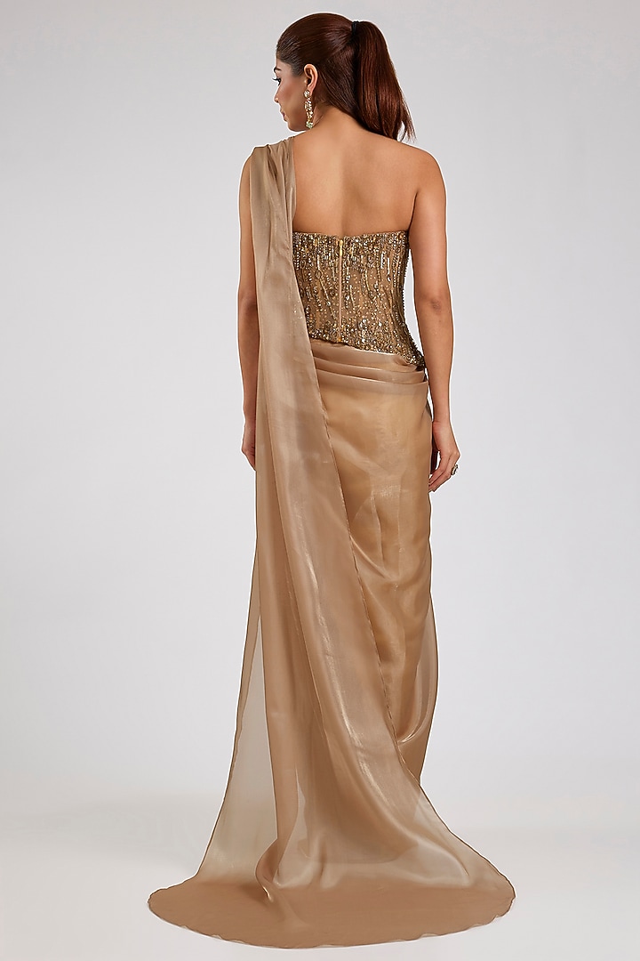 Golden Pure Butterfly Net Draped Reception Saree Set by Dolly J at Pernia's Pop Up Shop