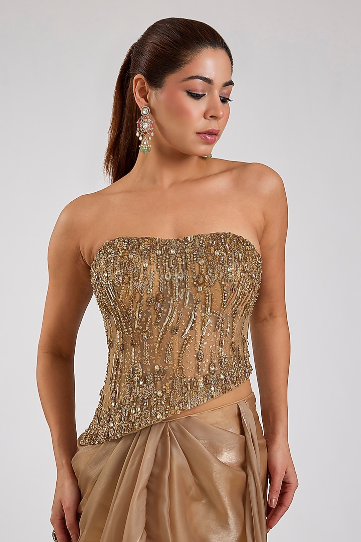 Golden Pure Butterfly Net Draped Reception Saree Set by Dolly J at Pernia's Pop Up Shop