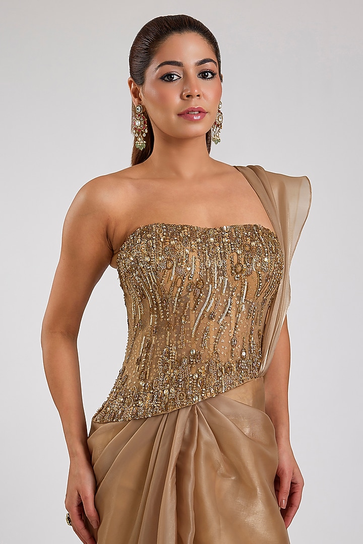 Golden Pure Butterfly Net Draped Reception Saree Set by Dolly J at Pernia's Pop Up Shop