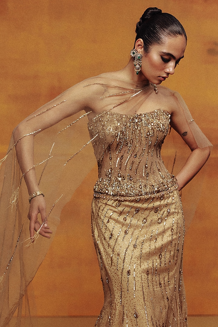 Deep Gold Shimmer Tulle Linear Embroidered Cocktail Bridal Lehenga Set by Dolly J at Pernia's Pop Up Shop
