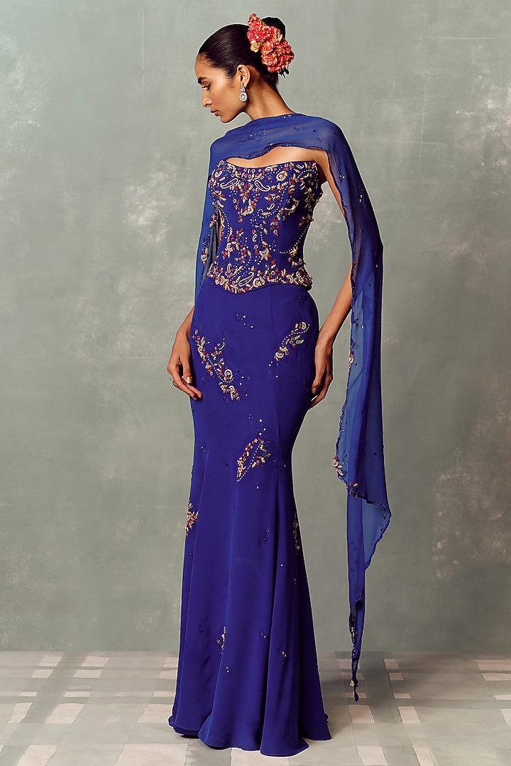 Royal Blue Woven Organza Skirt Set by Dolly J at Pernia's Pop Up Shop